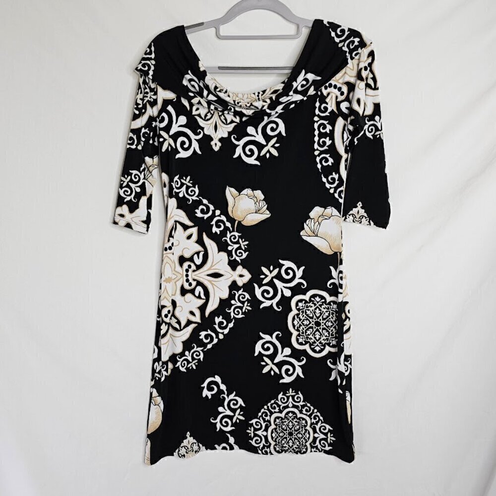 WHITE HOUSE BLACK MARKET Dress size XS BLACK TAN WHITE FLORAL Art to Wear Retro - Picture 6 of 7
